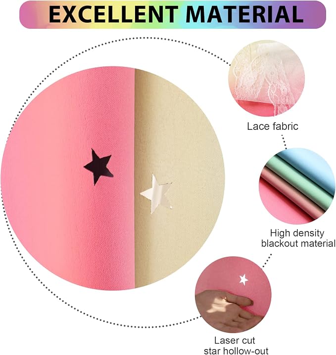 UNISTAR 2 Panels Blackout Stars Curtains for Girls Bedroom Kids Aesthetic Living Room Decor Colorful Double Layer Star Cut Out Stripe Window Wall Home Decoration Curtain,W52 x L63 Inches, Rainbow