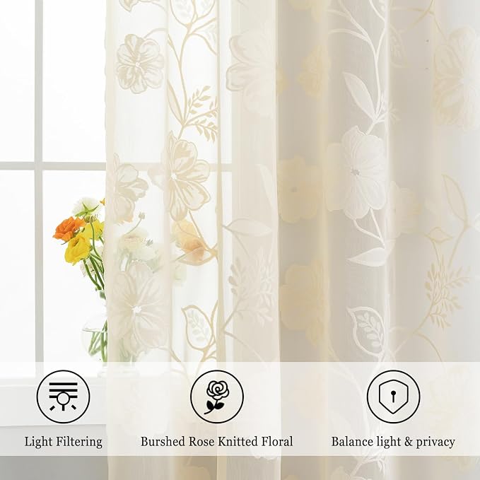Beige Lace Sheer Curtains for Bedroom Living Room 95 Inch Length Light Filtering Leaf and Floral Knitted Semi Sheer Window Curtains Elegant French Lace Curtains Ivory, 54"w 1 Pair Rod Pocket 8ft