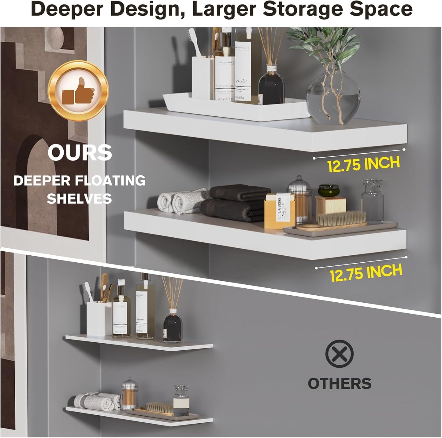 Large Floating Shelves for Wall Set of 1 Wooden Wall Shelves 24 in x 12.75 in x 2 in Room Decor Long Shelf with Invisible Wall Mount Bracket for Bedroom Kitchen Living Room White