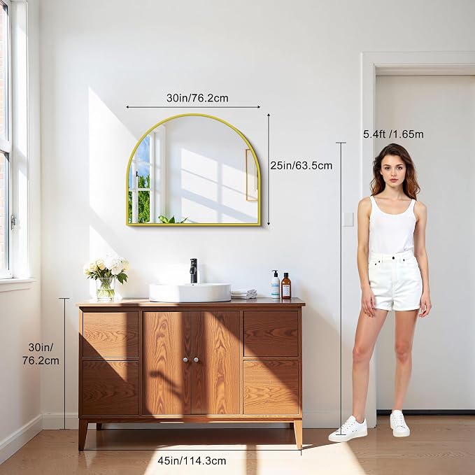 CIRCUMI Arched Wall Mirror, 30"x25" Gold Arched Mirror with Tempered Glass, Metal Frame, Large Size for Entryway Table, Mantel,Living Room,Over Sink,Arch Mirror for Decor,Shatterproof&Crystal-Clear
