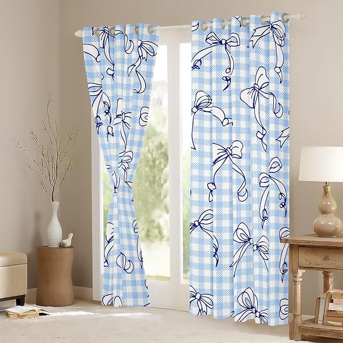 Feelyou Kawaii Bow Room Darkening Blackout Curtain Plaid Girls Bow Curtains for Bedroom Living Room Cute Bowknot Blackout Curtains (2 Panels, 52 x 96 Inch) Lovely Grid Window Treatments