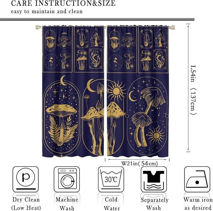 Mushroom Curtains,Boho Style Mystical Plant Sun Moon Print Window Treatments for Bedroom Living Room Kitchen Purple Herbs Window Drapes 2 Panels Set,Total Size 42 x 54 Inch