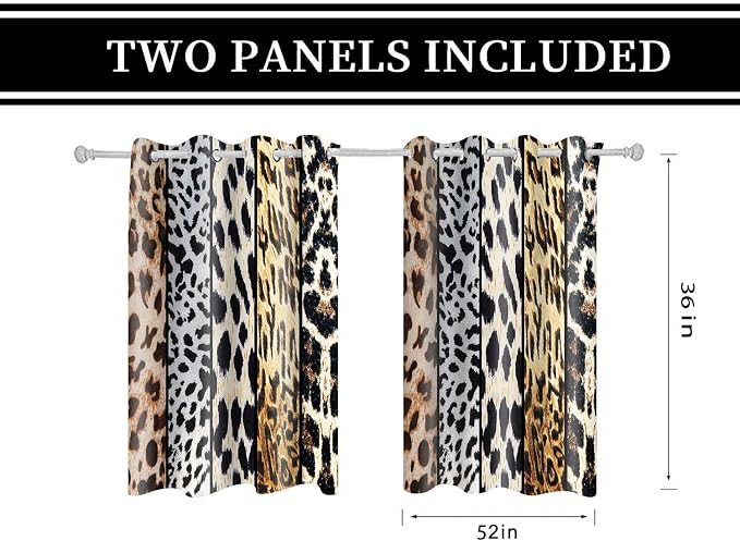 Wild Animals Print Curtain, Leopard Boa Skin Room Darkening Thermal Insulated Blackout Leopard Boa Window Drapes with Grommets for Living, Dining, Bedroom, Set of 2 Panels (52x36in)
