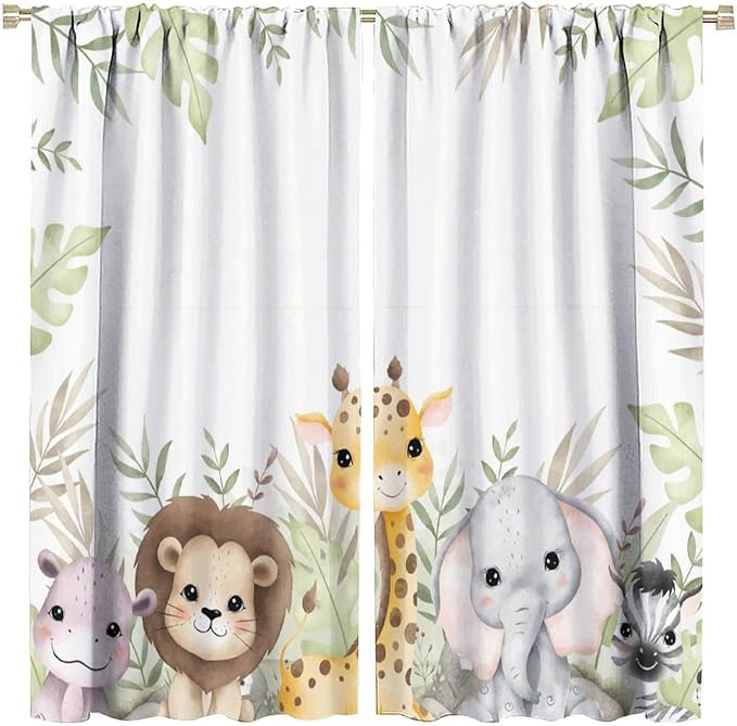 Nursery Curtains Jungle Safari Theme with Giraffe Print, Kids Room Classroom Decor, 52x84 Inches, 75% Blackout Fabric for Baby Nursery, Animal Cub Design, Easy Install & Machine Washable