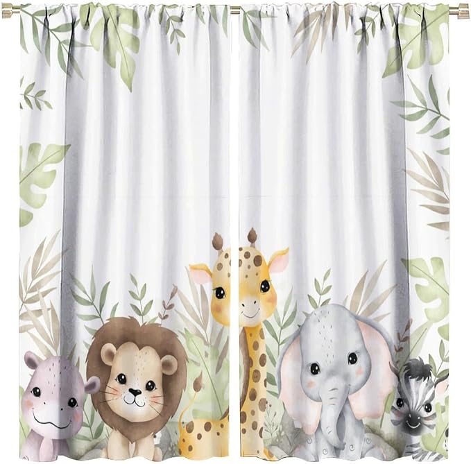 Nursery Curtains Jungle Safari Theme with Giraffe Print, Kids Room Classroom Decor, 72x63 Inches, 75% Blackout Fabric for Baby Nursery, Animal Cub Design, Easy Install & Machine Washable