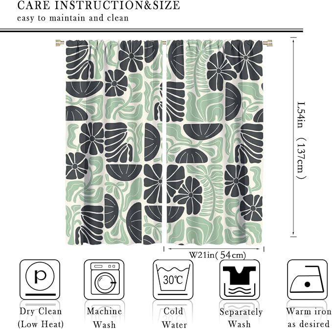JESTRONRY Mid Century Boho Curtains, Modern Abstract Abstract Geometric Green Floral Pattern Print Blackout Window Door Curtains for Bedroom Living Room Home Decor 42x54in