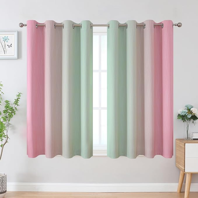 Estelar Textiler Sage and Pink Blackout Curtains 45 Inch Length, Light Blocking Gradient Drapes for Bedroom, Thermal Insulated Grommet Ombre Curtains for Bathroom,52Wx45L,2 Panels