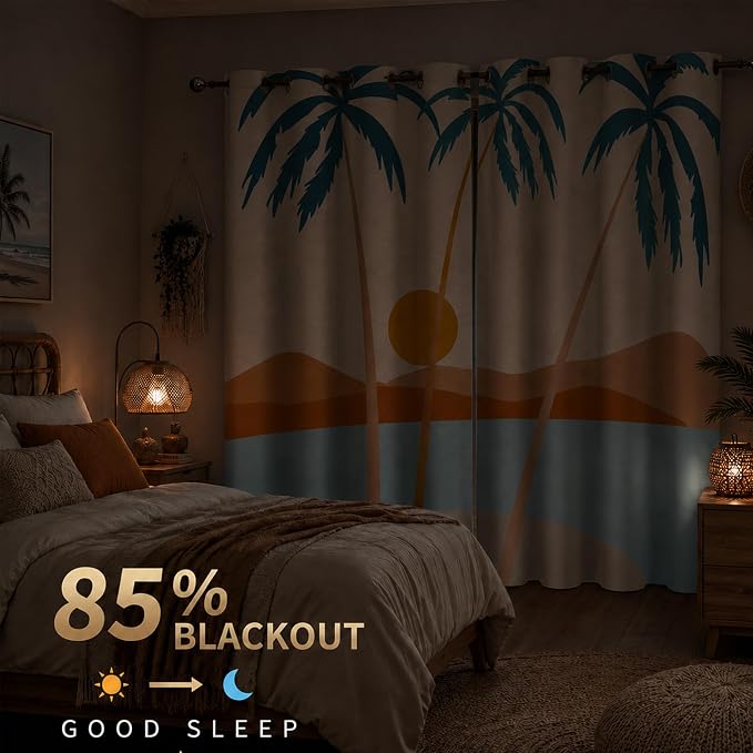 iTapnoom Boho Tropical Palm Tree Blackout Curtain, Mid Century Coastal Ocean Beach Window Curtains Darkening Thermal Insulated Window Drapes for Living Room Bedroom Decor 2 Panels 52x84 Inches