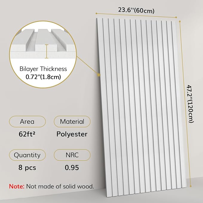 TONOR Dual-Layer Thickened Acoustic Wall Panels Self Adhesive, 8 Pack 47.2"x23.6"x0.72" High Density Large Sound Proof Panels for Walls, Peel and Stick Wall Panels for Interior Wall Décor, White