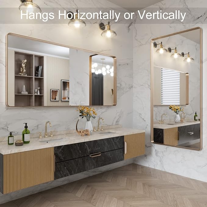 LOAAO 60”X28” Gold Bathroom Mirror, Rounded Rectangle Gold Frame Mirror, Brushed Gold Bathroom Vanity Mirror Wall-Mounted, Anti-Rust, Tempered Glass, Hangs Horizontally or Vertically