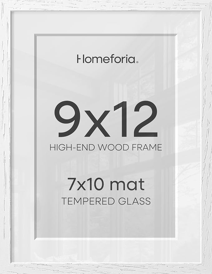 Homeforia 9x12 Frame White Wood, High End Oak 9 x 12 Picture Frames with Mat 7 by 10 Photo, 9by12 White Wooden Frame Matted to 7x10 Print, Wall or Tabletop Frames, Tempered Glass, Wall Kit, Set of 2