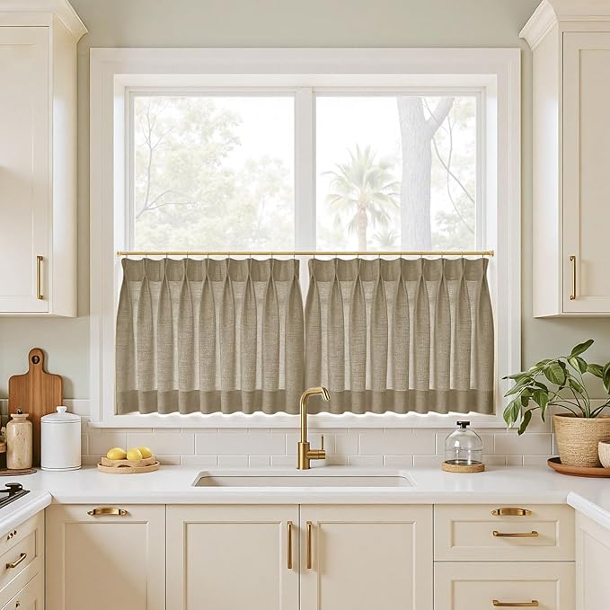 TWOPAGES 26" W x 36" L Linen Blend Cafe Curtains for Kitchen Window, Light Filtering Pinch Pleated Tier Curtains, Modern Farmhouse Half Window Curtains for Bathroom, Taupe Grey, 2 Panels