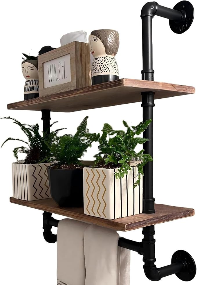 Industrial Pipe Shelving Bathroom Pipe Shelves with Towel Bar Over Toilet | 24 inch Pine Wood Floating Shelves for Wall Mounted Bedroom,Kitchen, Farmhouse, Living Room