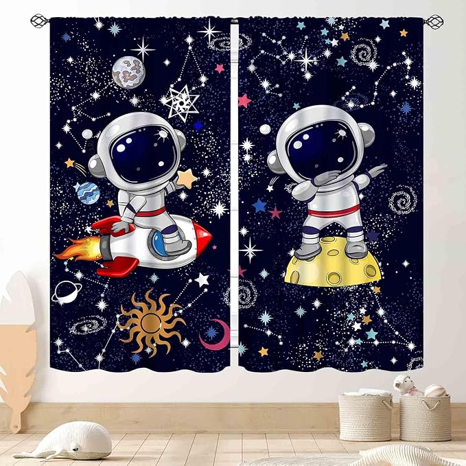 Galaxy Curtains, Cartoon Astronaut Universe Outer Space Star Planets Blackout Window Drapery Treatments for Kids Boys Bedroom Living Room Nursery Playroom 2 Panels, 42"x45" Inch