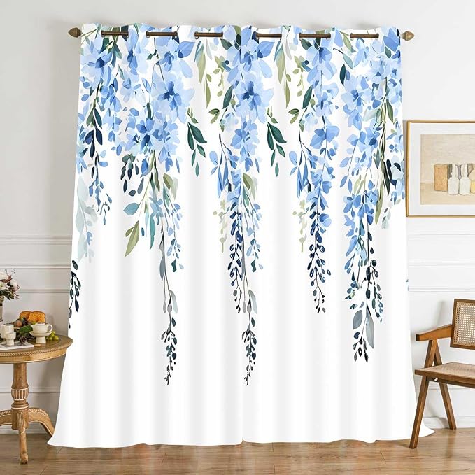 Blue Watercolor Floral Curtains, Botanical Leaves Vine Flowers Curtain, Rustic Farmhouse Flower Leaf Blackout Window Treatment Drapes for Bedroom Living Room 42x96 inch, 2 Panels