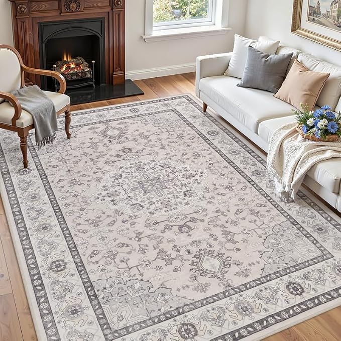 6x9 Area Rugs for Living Room: Vintage Boho Neutral Washable Rug Indoor Soft Large Area Rug Carpet for Bedroom Nursery Farmhouse Dining Room Office Floor Non-Slip Low Pile Under Table Beige & Grey