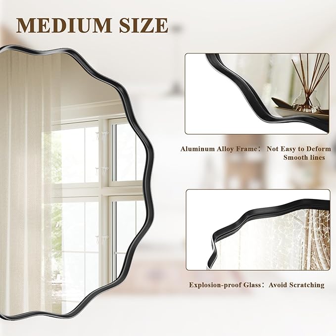 VooBang Black Scalloped Circle Mirror, 30" Wavy Edge Round Wall Mirror with Tempered Glass Textured Circular Metal Deep Frame, Hanging Leaning for Bathroom, Hallway, Entryway, Livng Room