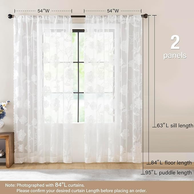 White Lace Sheer Curtains 63inch Rose Knitted Net Curtains with Vintage Floral Embroidered for Living Room Bedroom Window Privacy Country Chic Retro Leaf Semi Sheer Drapes Rod Pocket 54"W 2Panels