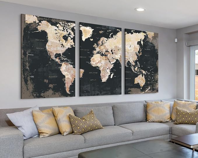 Office Pictures Wall Decor Large Black World Map Canvas Wall Art | Framed Huge Artwork for Mens Bedroom Living Room Modern Motivational Positive Neutral Painting