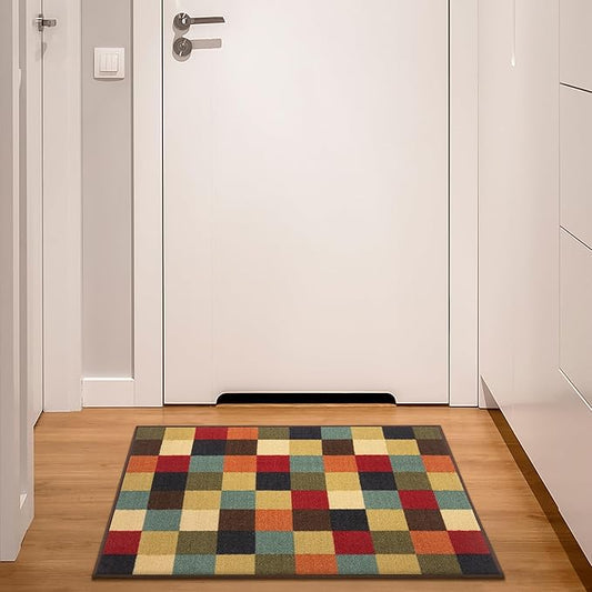 Ottomanson Front Door Mat – Non Slip Indoor Entryway Rug, Low Pile Stain Resistant Floor Mat for Mudroom & High Traffic Areas, 1'10.5" x 3', Checkered Multicolor