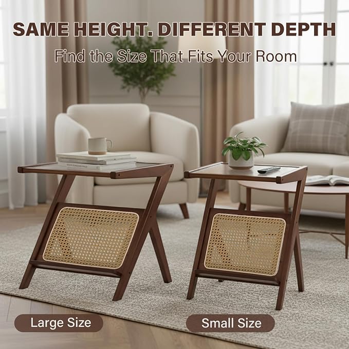 Tiita Rattan Nightstand Side Table, Bamboo Accent Bedside Tables, Glass Coffee Tables, Boho Wooden End Table with Storage for Small Space, Living Room and Bedroom