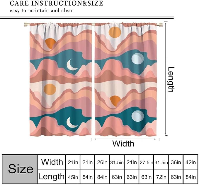 Sun Moon Blackout Curtains, Bohemian Desert Mountains Sun Moon Abstract Modern Mid Century Window Drapes, for Bedroom Living Room 42" W X 54" L