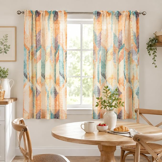 Leeva Orange Sheer Curtains 63 Inches Long, Light Filtering Rod Pocket Colorful Geometric Voile Sheer Set, Modern Elegant Curtains & Drapes for Bedroom Balcony, 2 Panels, 52 x 63