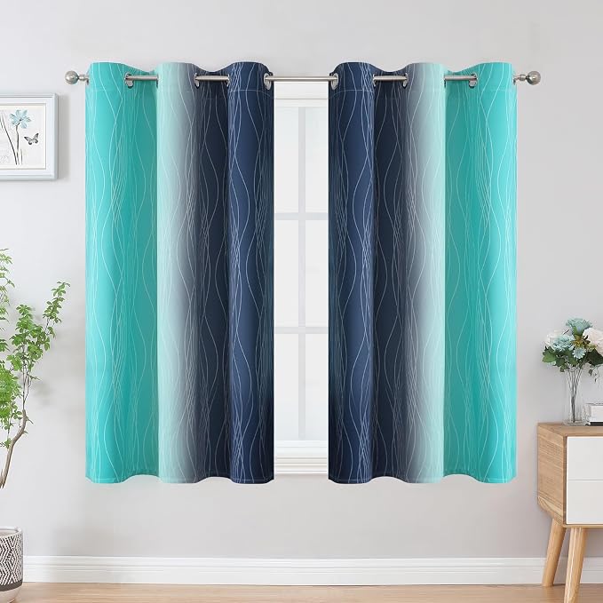 Estelar Textiler Navy Blue and Teal Ombre Blackout Curtains 45 Inch Length 2 Panels, Full Room Darkening Gradient Drapes for Bedroom, Thermal Insulated Grommet Short Curtains for Bathroom,42Wx45L