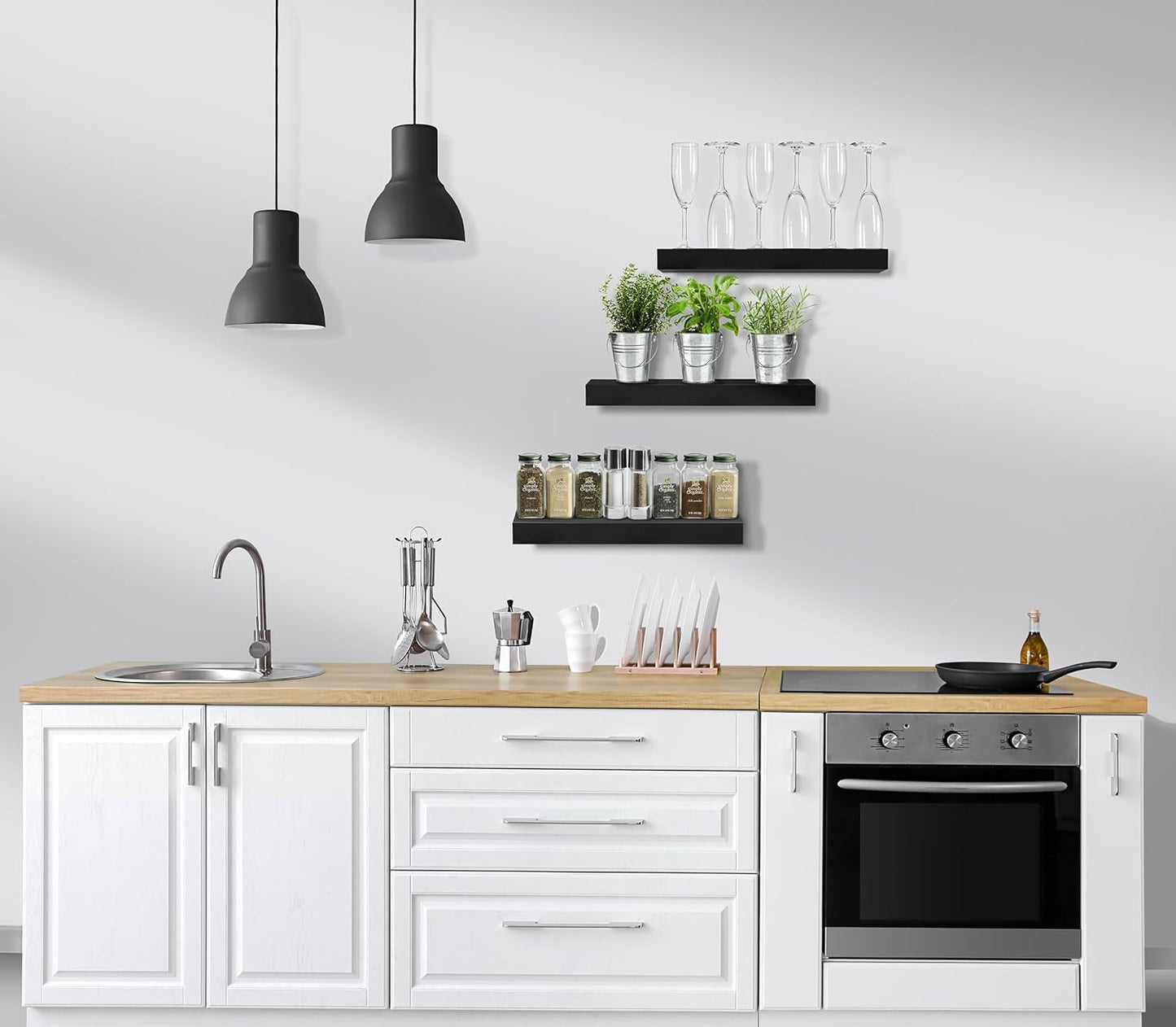 Sorbus Floating Shelves for Wall, Bathroom Shelves Wall Mounted for Kitchen, Bedroom, Bathroom Storage Over Toilet, Hanging Book Shelf for Wall Home Decor Living Room (Black, 3 Pack)