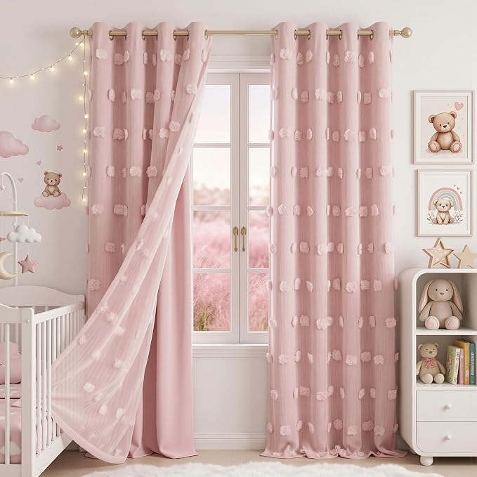MYSKY HOME Pink Curtains for Girls Bedroom 84 Inches Long Blackout Nursery Curtains 2 Layered Pink Pom Pom Sheer Overlay Kids Toddler Decor Grommet Privacy Room Darkening Window Drapes 52 x 84 Inch