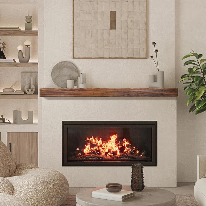 AZSKY Deep Walnut Fireplace Mantel Shelf Wall Mounted, Handcrafted 60 Inch Floating Mantel Shelf for Over Fireplace, Long Hollow Solid Wood Shelf with Invisible Bracket for Living Room Under TV Decor