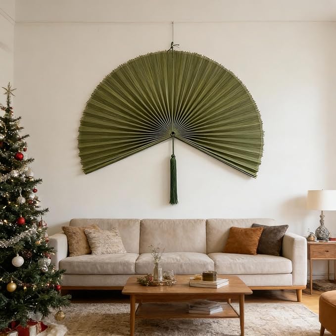 ChumDecor Fan Wall Decor, Japanese Giant Fan, Large Bamboo Fan Wall Art for Boho Hanging Headboard, Decorative Folding Fans for Over Bed, Asia Trending (Army Green 40inch)