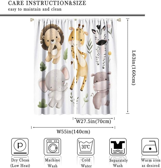 Nursery Curtains Jungle Safari Theme with Giraffe Print, Kids Room Classroom Decor, 55x63 Inches, 75% Blackout Fabric for Baby Nursery, Animal Cub Design, Easy Install & Machine Washable