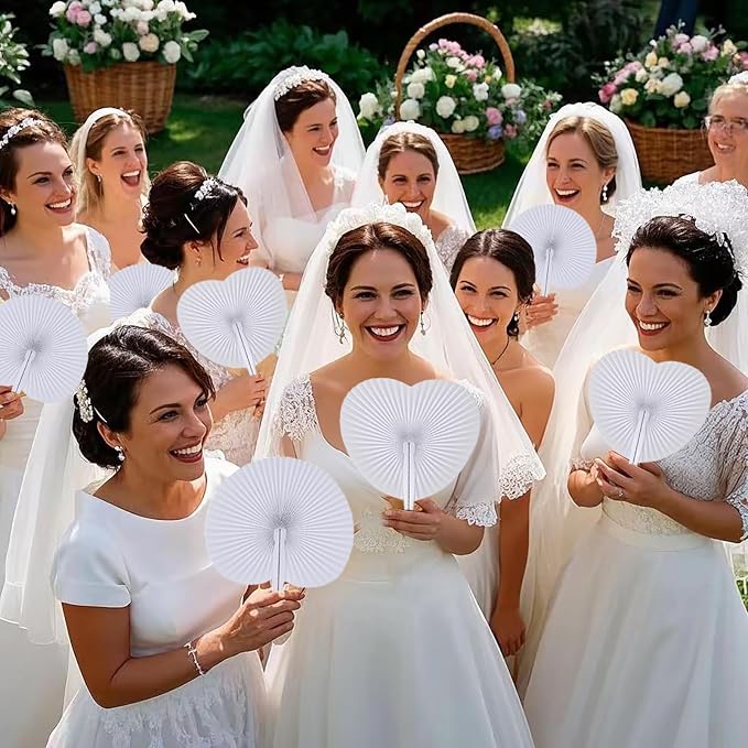 60 Pcs White Heart Round Paper Fans | Foldable Handheld Fans for Women,Folding Hand Fans for Wedding,Bridal Guest,Church,Party Favors,Dancing,Birthday,DIY