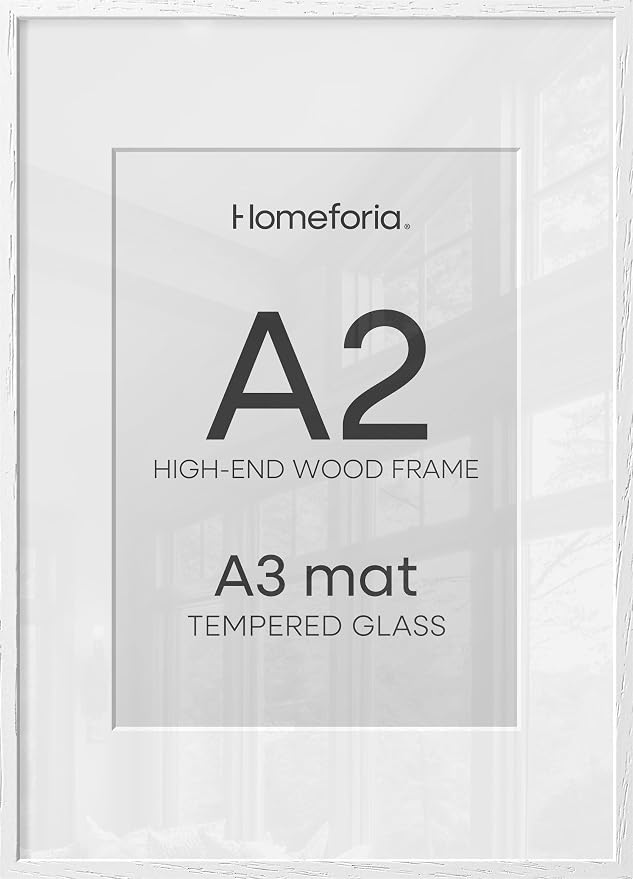 Homeforia A2 White Wood Frame, High End Oak 16.5 x 23.4 White Wooden Poster Frames Matted to 11.7 by 16.5 in Photo, A2 Size Wood Picture Frame with Mat A3 for Print, Tempered Glass, Wall Kit, Set of 2