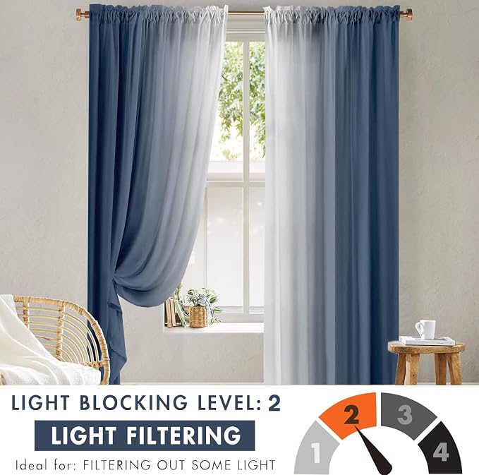 Blue Curtains 84 Inch Length 2 Panel Set Blue White Ombre Curtains for Living Room Bedroom Farmhouse Ombre Light Filtering Window Curtain Modern Gradient Drapes