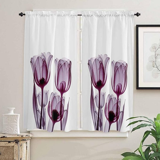 Kitchen Tier Curtains 63 inches Length, Abstract Transparent Purplish Red Flower Tulip Window Curtains for Living Room Bathroom,Rod Pocket Light Filter Drapes Half Window Treatment Tiers 2 Panels