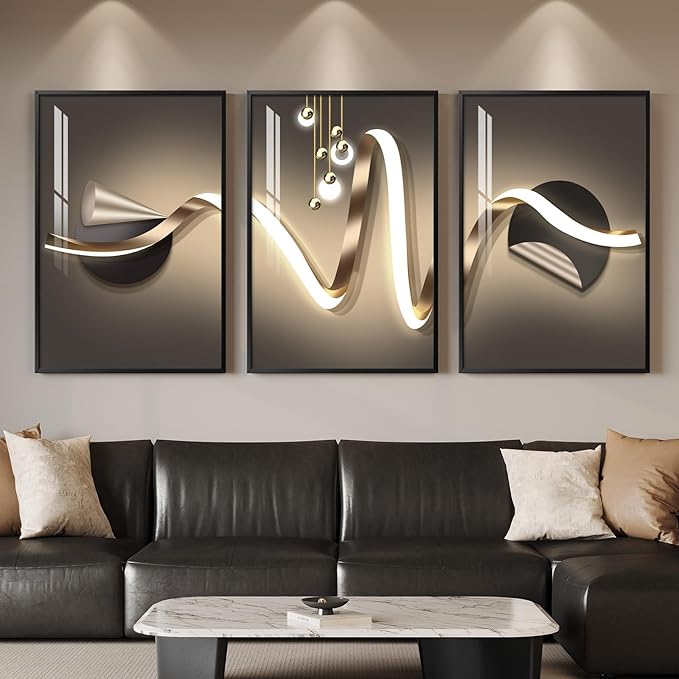 Large Framed Modern Luxury Black and Gold Abstract Wall Art for Living Room, 3 Piece Contemporary Elegant Prints Paintings, Geometric Pictures for Bedroom Entryway Home Office Wall Decor 24x36 In