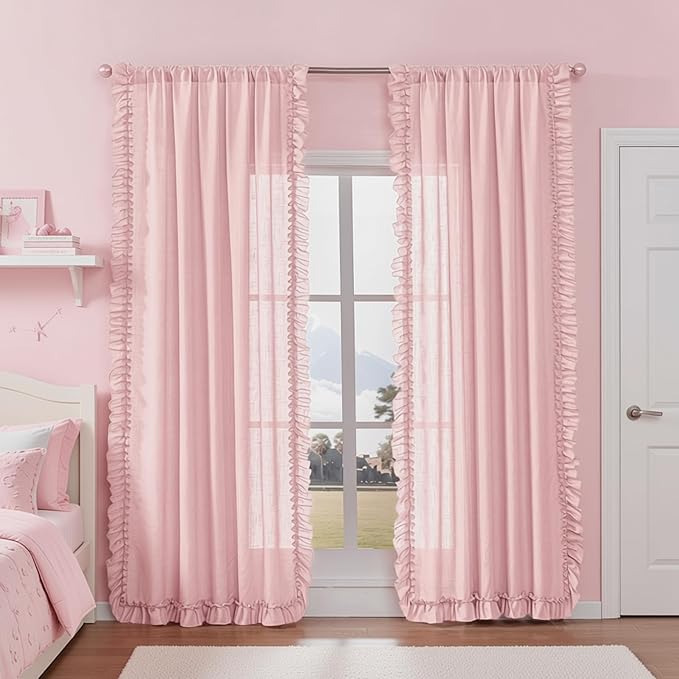 Blush Pink Ruffled Curtains for Girl Room, 2 Panels W58 x L72 Inch, Light Filtering Semi-Sheer Linen Curtains, Rod Pocket Shabby Chic Coquette Cottagecore Romantic French Country Privacy Window Drapes