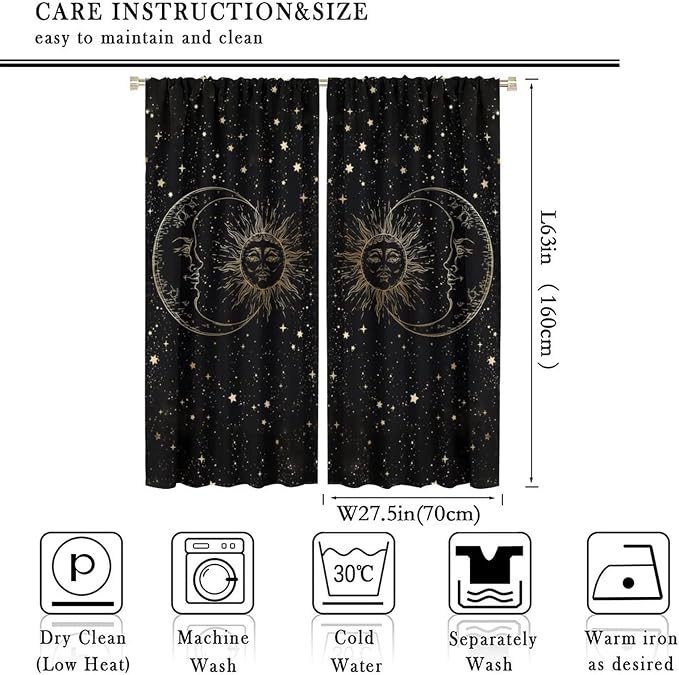 Sun Moon Blackout Windows Curtains, Golden Sun Moon and Stars Black Sky on Bohemian Style Curtains, for Living Room Bedroom 55x63in 2 Panels
