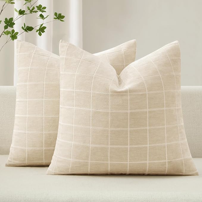 MIULEE Beige Plaid Decorative Throw Pillow Covers 20x20 Set of 2 | Vintage Check Chenille Couch Pillows Neutral Boho Farmhouse Cushion Covers Modern Home Decor for Sofa Bed Living Room