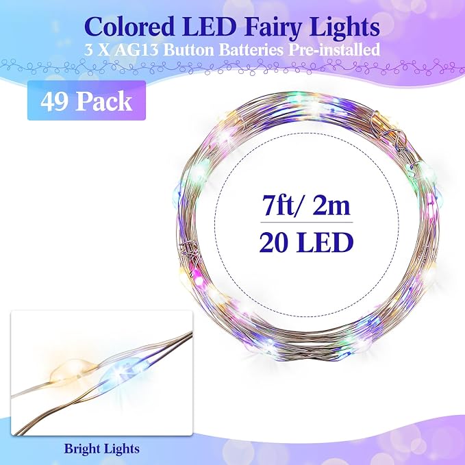Tuanse 50 Pack LED Fairy Lights Colored Battery Operated String 3 Speed Modes 7 ft 20 LED Starry Wedding Decoration Waterproof Wire Twinkle Light for DIY Jar Bedroom Party Supplies (Rainbow Color)