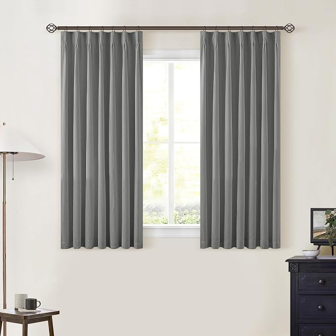 Grey Pinch Pleated Black Out Curtains 45 Inch Long for Living Room Bedroom Insulated Thermal Room Darkening Kitchen Drapes for 45 Inch Window Boho Linen Basement Dining Room Pinch Pleat