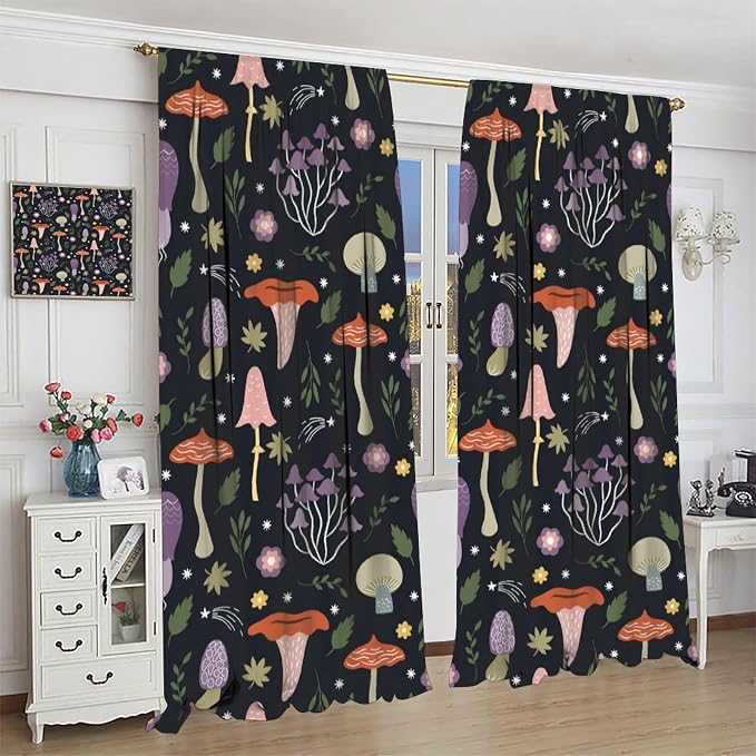 Mushroom Curtains,Colorful Plant Forest Botanical Print Window Treatments for Bedroom Living Room Kitchen Cartoon Herbs Floral Window Drapes 2 Panels Set,Total Size 72 x 63 Inch