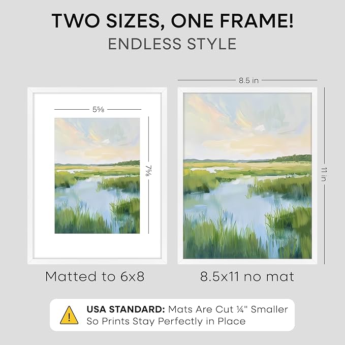 Homeforia White Picture Frame 8.5 x 11, High End Metal 8.5x11 Poster Frames with Mat 6x8 Photo, 8.5 x 11 Frame Matted to 6 by 8 Art, 8.5by11 Wall or Tabletop Frames, Tempered Glass, Wall Kit, Set of 2