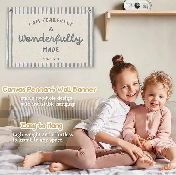 RTXLEZM Christian Nursery Decor, I Am Fearfully and Wonderfully Made | Christian Canvas Banner Wall Hanging, Retro Religious Wall Art for Bedroom Kids Room Classroom Playroom Nursery ,20x30