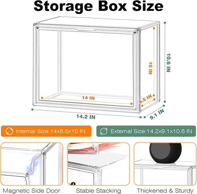 6 Pack Clear Shoe Boxes Sneaker Storage Organizer Box for Closet Stackable Handbag Organizer Acrylic Display Shoes Case with Lid Storage Box for Boots,Book,Collectibles,Figures,Shoes,Cosmetic,Size 14