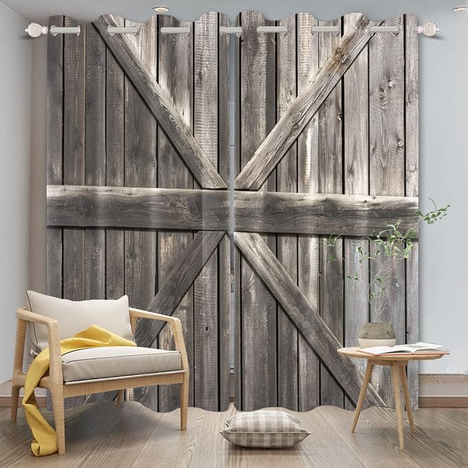 Rustic Barn Door Window Curtains Farmhouse Grey Wooden Door Garage Door Blackout Window Treatment for Living Room Bedroom Rural Farm Style Room Darkening Window Drapes,42x108 inch,2 Panels