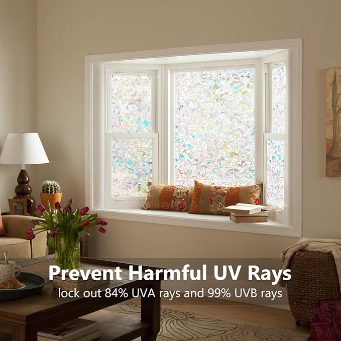 Lemon Cloud Window Privacy Film, Stained Glass Window Stickers, Decorative Rainbow Static Cling for Sun Blocking, Window Covering Prism Film, No Glue Anti-UV Tint, Half Moon Pattern, 23.6" x 157.4"