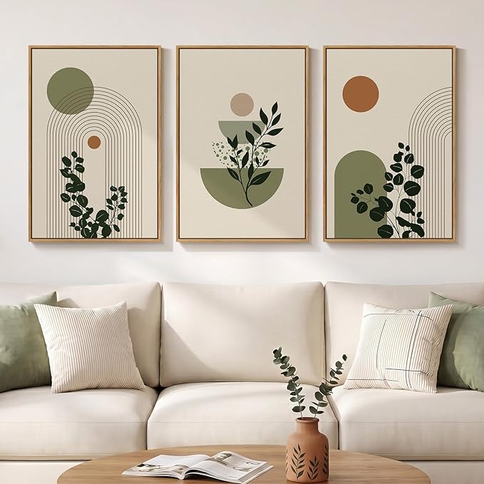 3 Piece Large Framed Abstract Boho Wall Art for Living Room, Minimalist Green Beige Canvas Artwork for Walls, Botanical Sage Green Plant Prints Paintings for Bedroom Dining Room 20x30 Inch